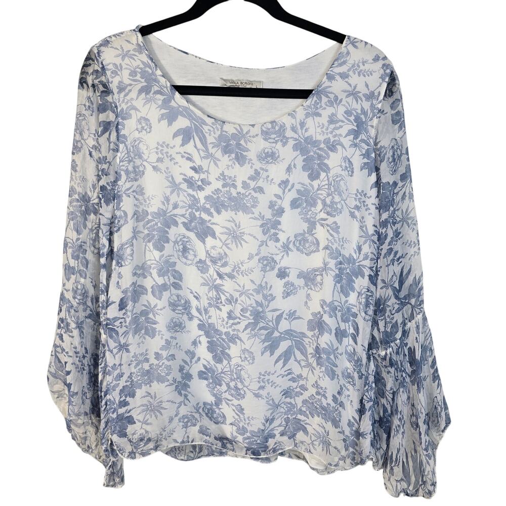 Viola Borghi Blouse Womens L Blue White Floral Silk Bell Sleeve Cottagecore Boho